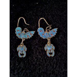 Antique Kingfisher Feather Butterfly Earrings Dainty Brilliant Turqoise Reverse